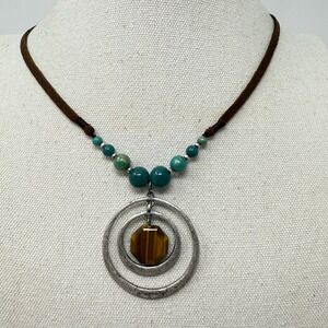 Tigers Eye Stone Beaded Necklace Silver Tone Double Circle Axcess Liz Claiborne